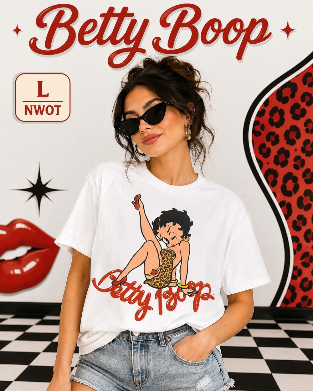 Betty Boop Leopard Dress White Graphic Tee Large NWOT - Picture 1 of 7